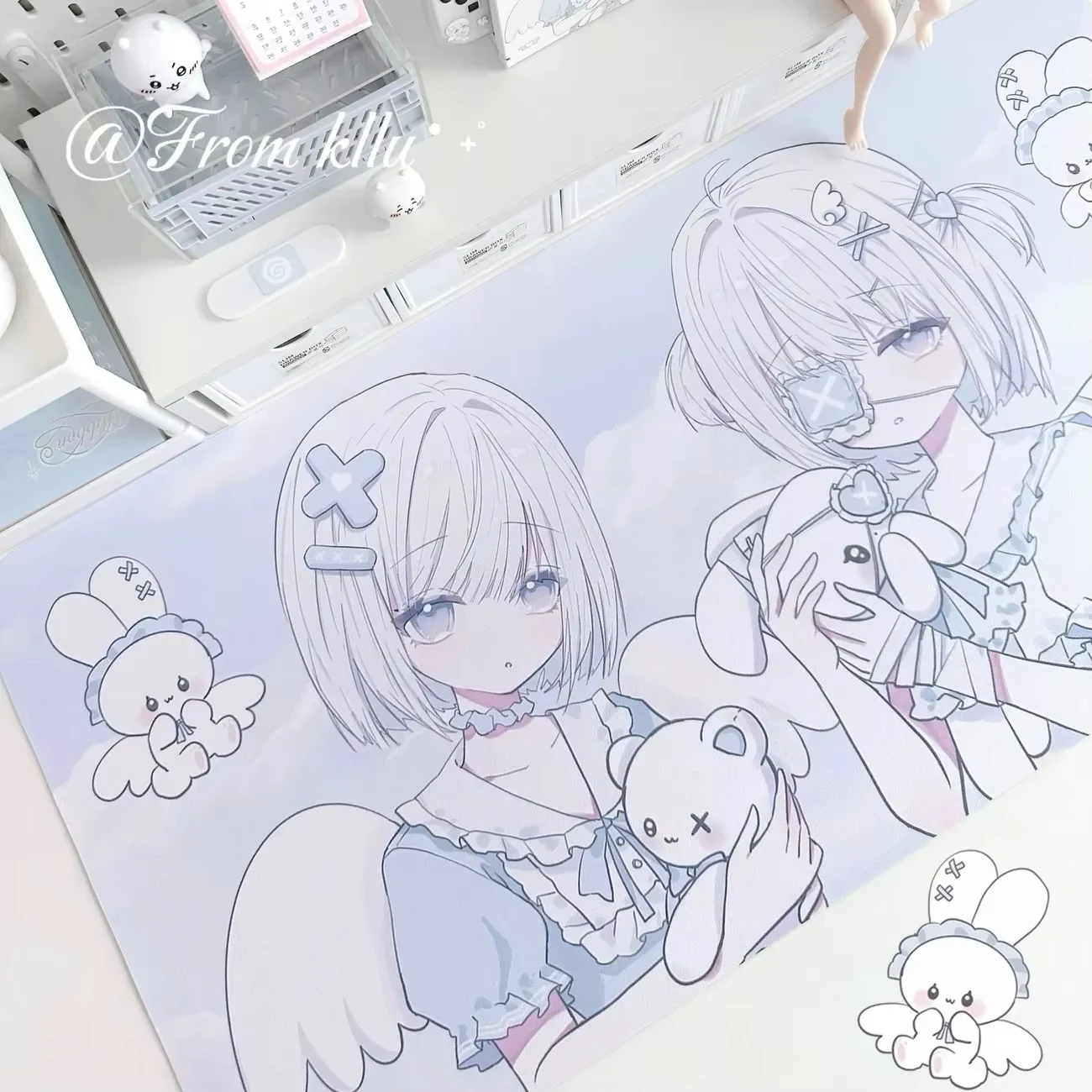 New Leather Desk Pad Protector Japanese Anime Blue Girl Kawaii Mouse Pad Office Desk Mat Waterproof Non-Slip PU Desk Blotter Pad