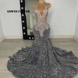 Dainty Silver Sequin Mermaid Evening Dresses Beads Crystals Long Rhinestones Luxury Dress Woman 2025 Party Customized