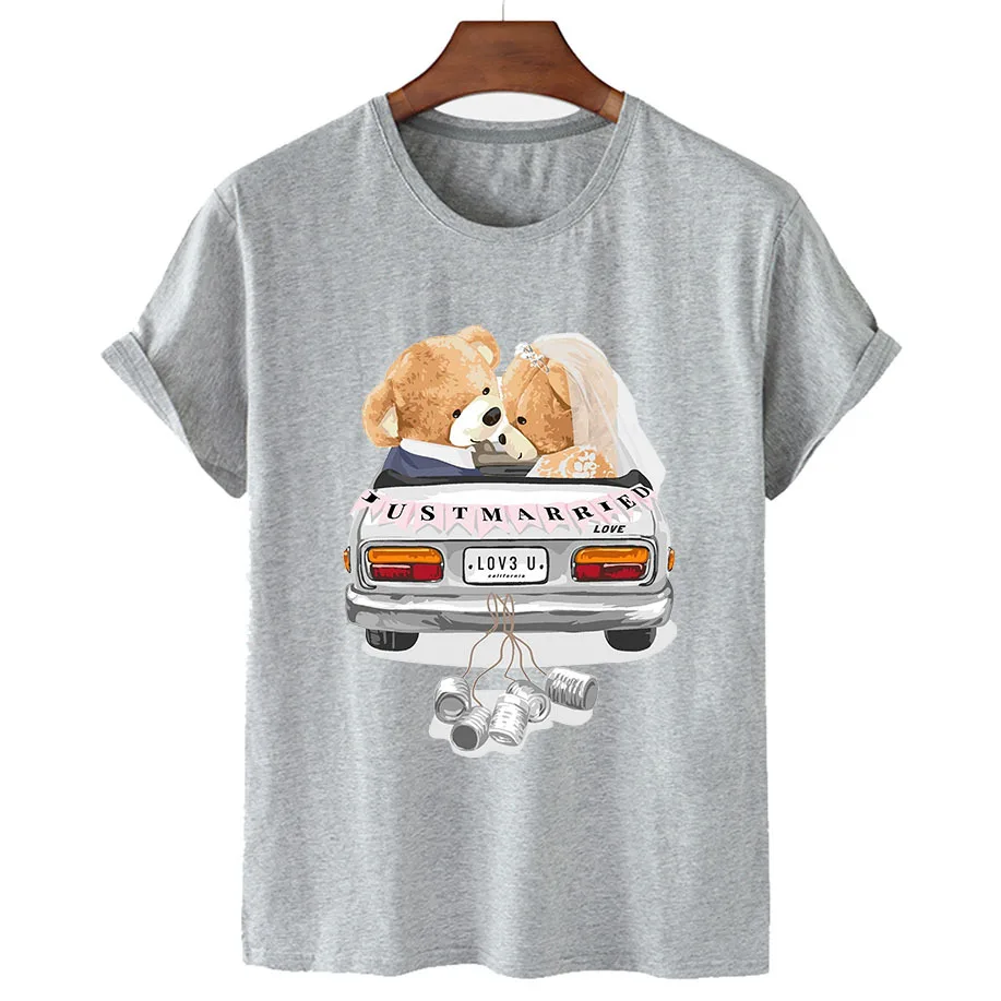 100% Cotton Wedding Bear T Shirts Summer 2022 T Shirts Women Short Sleeve O Neck T Shirts Unisex Plus Oversized Women T Shirts