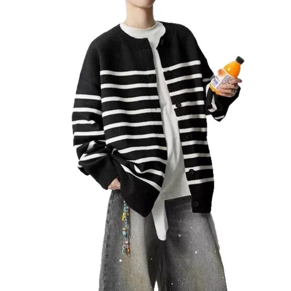 2025 New Academic Style Striped Cardigan Unisex Loose Casual Black White Color Block Versatile Sweater Jacket