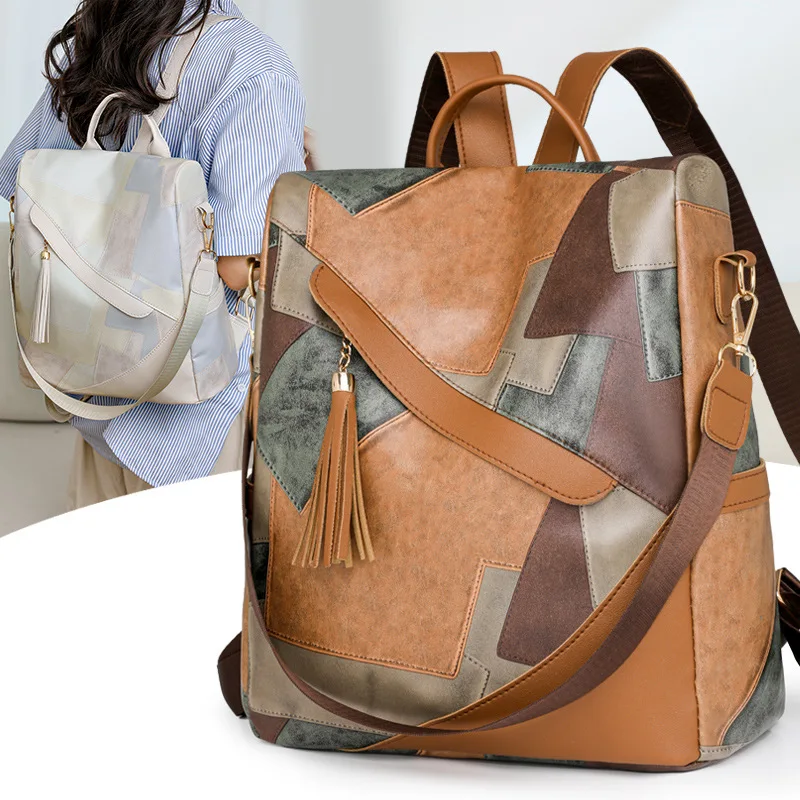 

Europe and the United States new large-capacity anti-theft backpack splicing design fashion simple backpack handbag.