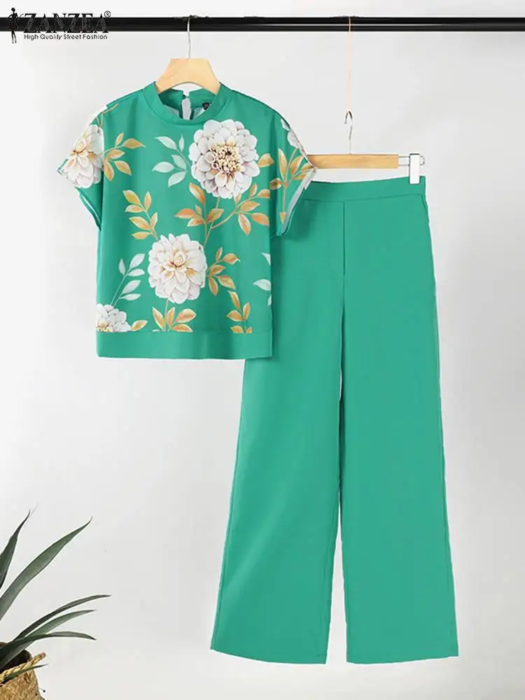 ZANZEA Women Short Sleeve Floral Print Tops 2pcs Outfits Casual Elegant Loose Daily Pant Sets Solid Trousers Summer 2-Piece Sets