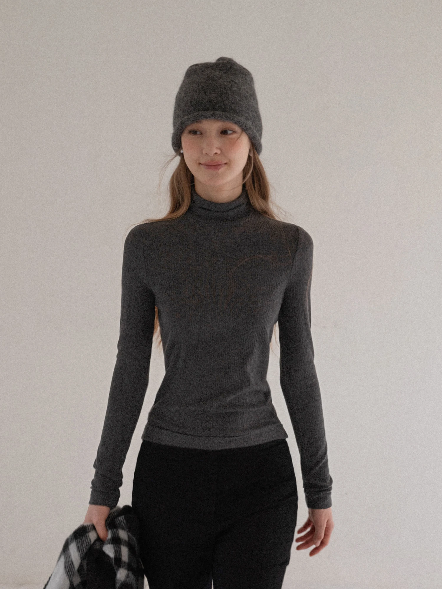 

Gray High Collar Women's Slim Fit Base Layer Shirt Long Sleeve T-Shirt Inner Wear Casual Style Polyester Fiber High Waist