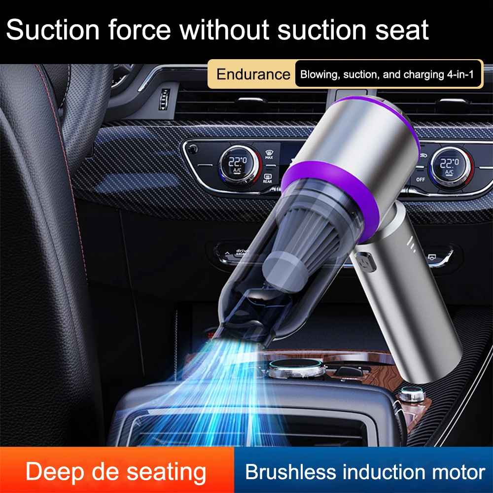 Wireless car vacuum cleaner with four in one brushless motor for blowing/suction/suction/charging, 15000PA power display