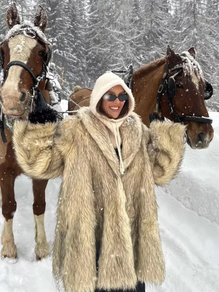 Mode Effen Revers Pluizige Vossenbontjas Dames Elegant Lange Mouw Oversized Gradiënt Jack Winter Dikke Warme Dame Harige Overjas