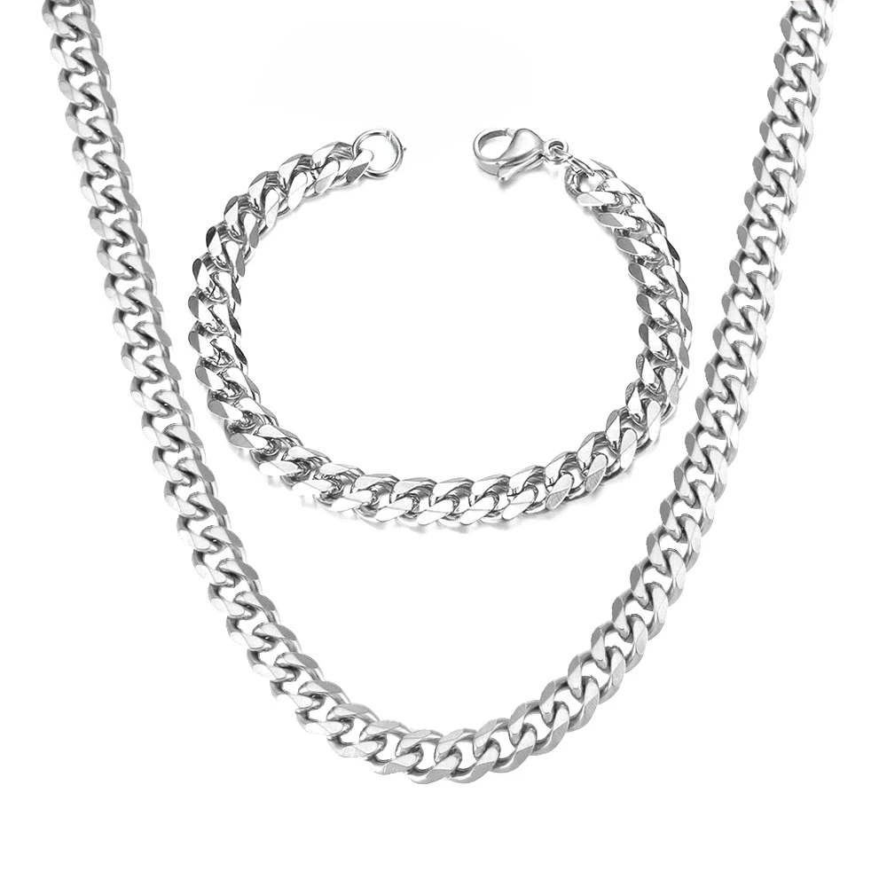 Gold Color Stainless Steel 8mm Thick Heavy Cuban Link Chain Bracelets Necklace For Men Fashion Party Wedding Jewelry Sets Gift