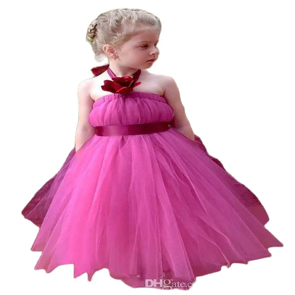 Fushia – robe longue à fleurs pour filles, en Tulle, Simple, col licou, avec ceinture de ruban, robe de soirée de mariage pour bébé, bon marché