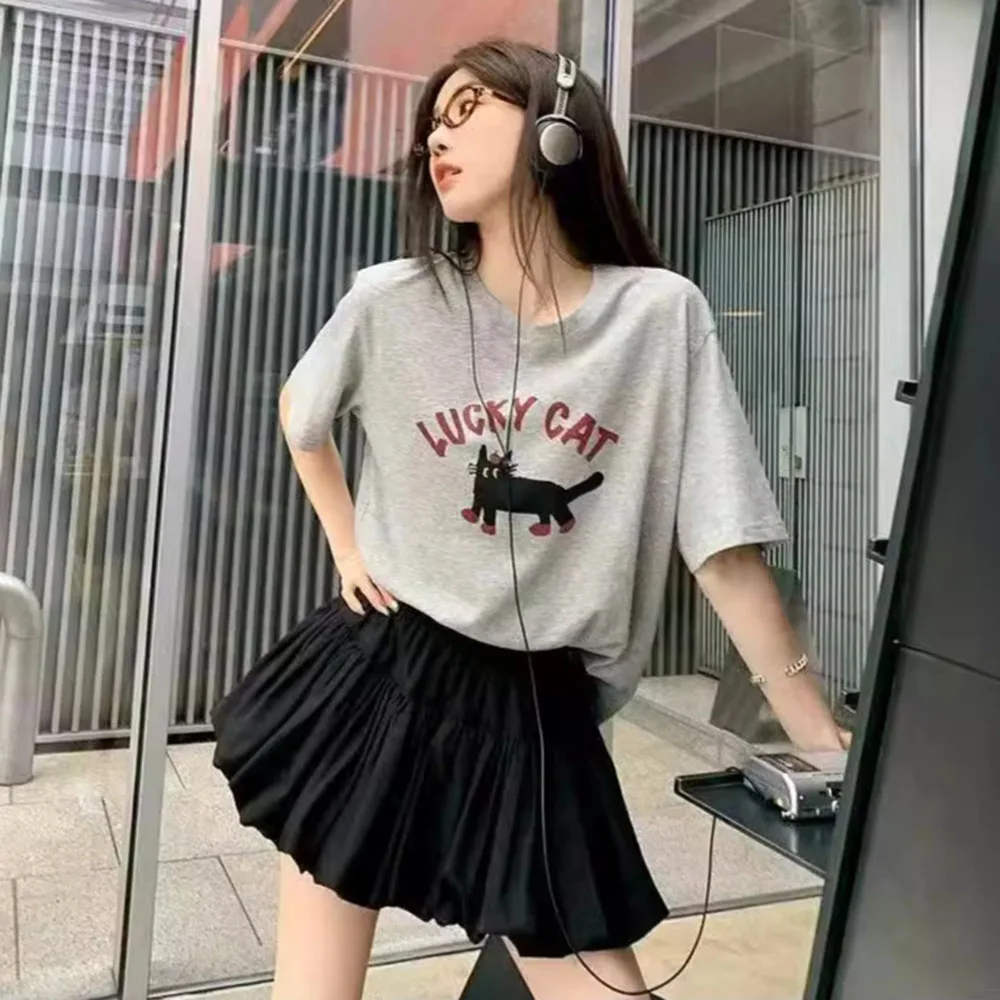 المرأة عادية محظوظ القط طباعة المتضخم تي شيرت المرأة فتاة Harajuku تي شيرت موضة الصيف الجولة الرقبة بلايز الملابس