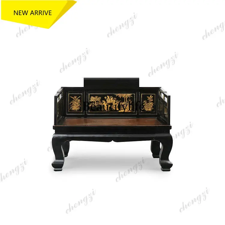 D178 New Chinese Arhat bed classical concubine couch black lacquer classical gold-painted carved rattan couch double chair solid