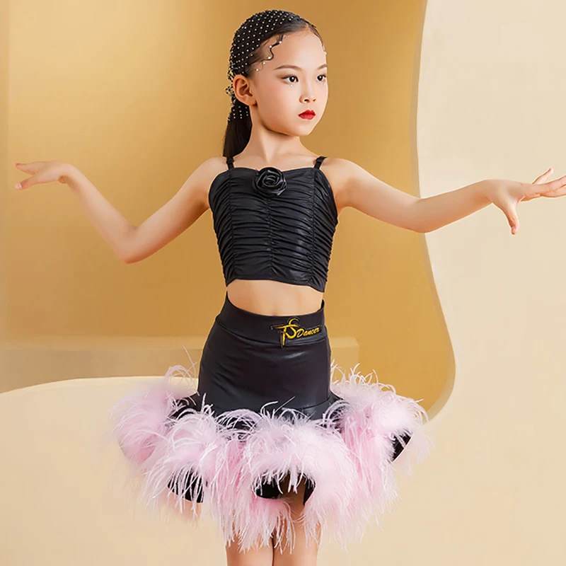 Kids Girls Strap Top Ostrich Mulladin Dance Skirts Suits National Standard Dance Waltz Latin Dance Competition Costume Dancewear