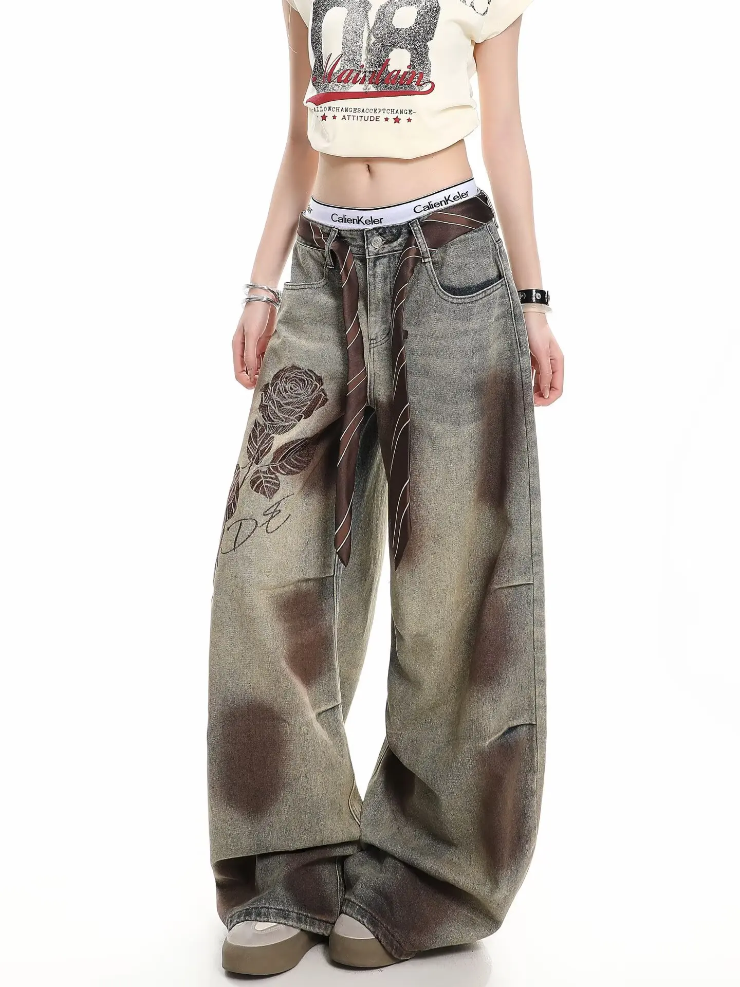 

2026 American Retro Y2K Style Distressed Khaki Baggy Pleated Women's Jeans Pants Woman Clothing Wide Leg Cotton Long Trousers