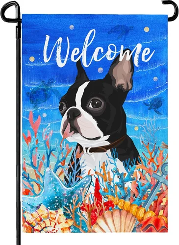 Welcome Summer Garden Flag Bulldog Blue Water Colorful Sea Star Coral Shell Pool OOV IIC
