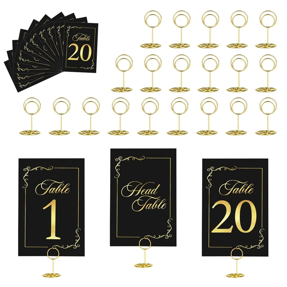 A993K 21 Sets Dark Gilded Wedding Table Numbers 1-20 with Head Card and 21 Pcs Stands 4x6 Place Holders for Reception SUMMER
