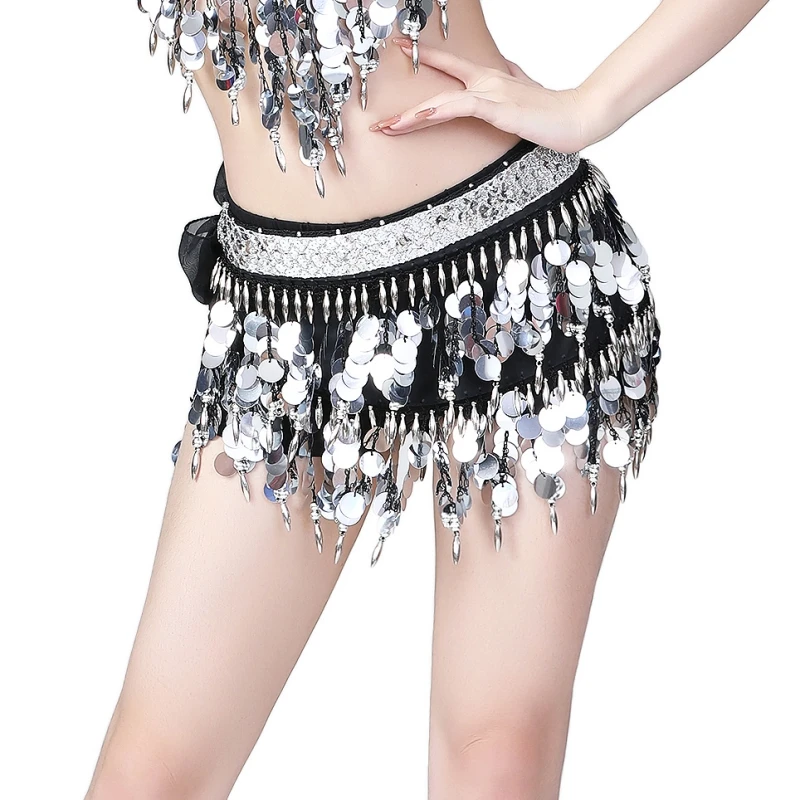 

Women Belly Dance Sequined Belt Waist Chain Scarf Lace-up Tassel Skirt Female Show Stage Clothing Indian Dance Costumes