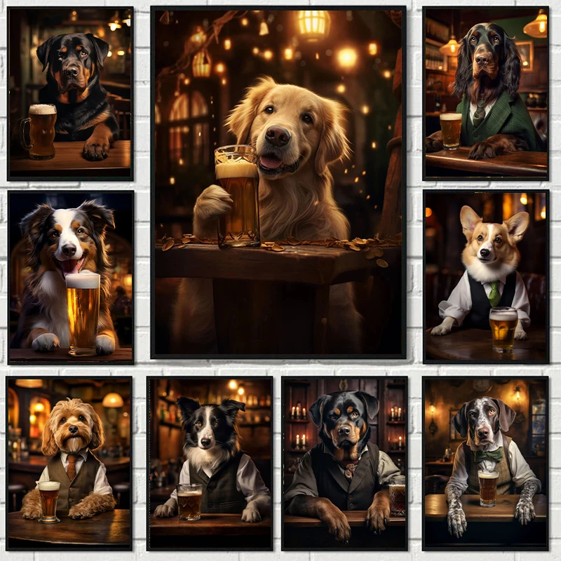 Dogs in Bar Retro Gentleman Dog Drink Canvas Painting Golden Retriever Corgi Beagles Rottweiler Bar Restaurant Dining Room Decor