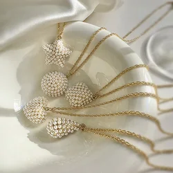 18K Gold Plated Brass Charm Pendant Necklace Classic Heart Shaped Star Inlaid Shiny Pearl Ladies Jewellery Wedding Romantic Gift