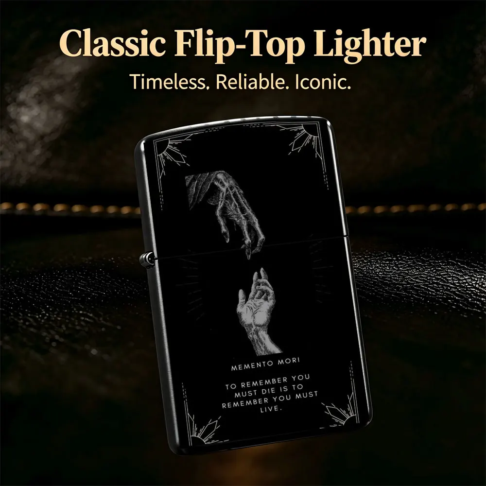 Pocket Lighter, Flip-Top Windproof Design, Metal Shell, Black & White Hands Reaching Print, Comfortable Grip, Portable & Durable