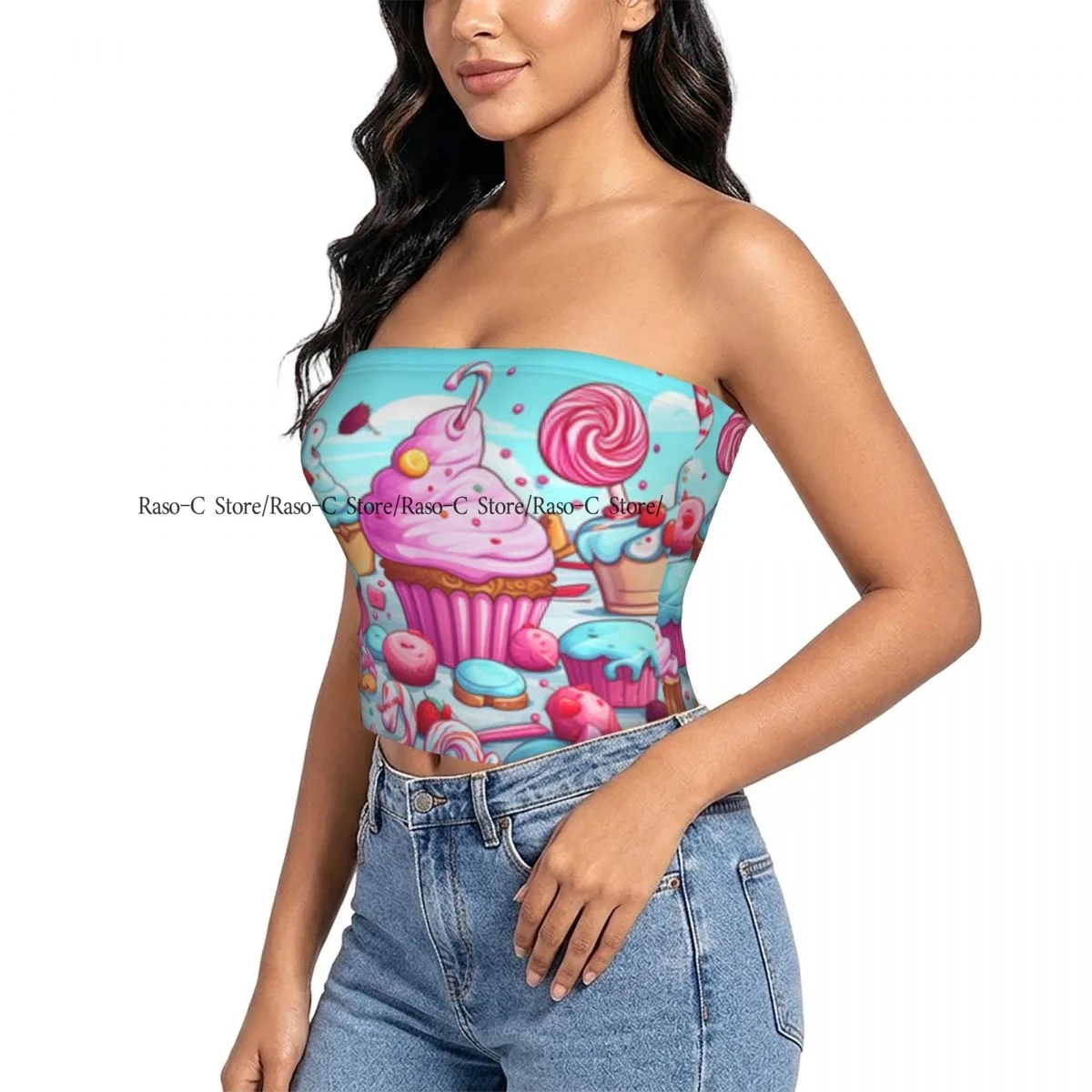 Strapless Sexy Tube Tops Summer Outfits Women Backless Shoulder Wrap Colorful Cupcakes And Candy Female Crop Top