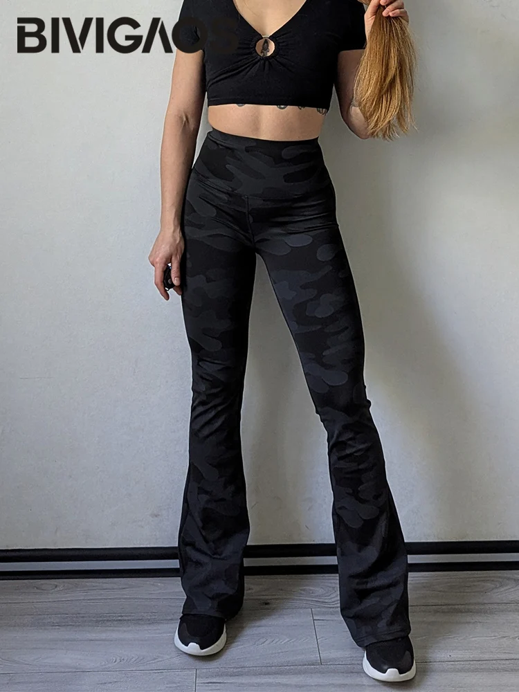 BIVIGAOS New Spring/Summer Thin Camouflage Sharkskin Flared Leggings Women Fashion Tight Slimming Sexy Elastic Flared Pants