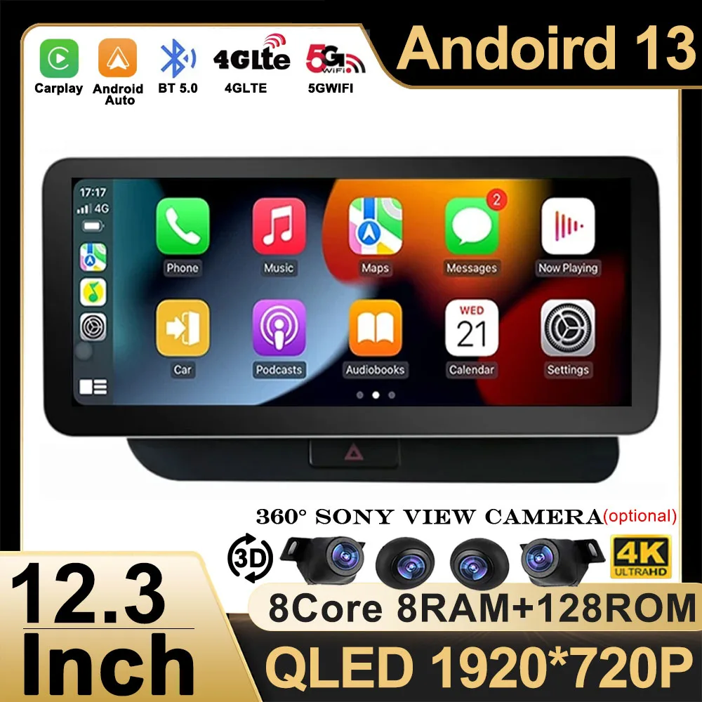 

12.3" Android 13 For Audi Q5 2009 - 2017 Carplay QLED WIFI+4G Car Stereo Auto Radio Multimedia Player GPS Navigation 360 Camera