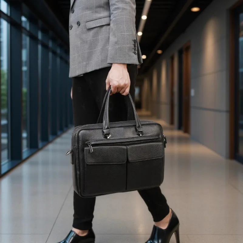 New Cow Genuine Leather Bussiness Briefcases Black for Men Luxury Handbags Laptop Briefcase Bags 14 Inch Office Computer Bag