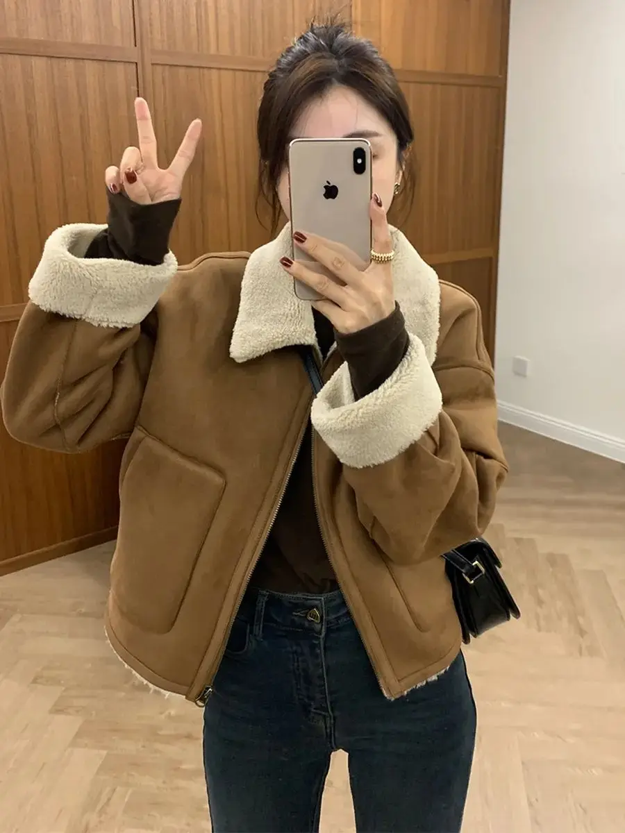 Winter Plush Bomber Jacket Coat Women Korean Loose Wild Zipper Outwear Thicken Warm Quilted Parker Jacket Female