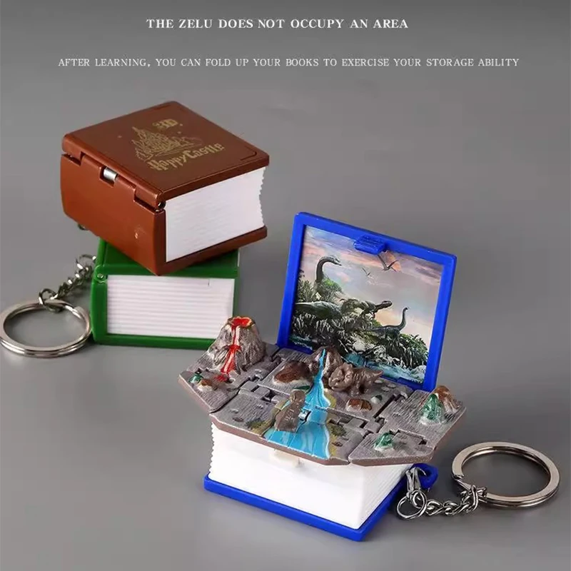 

//1PC new Fold Book Keychain 3D Dinosaur Castle Popup Keyring Anxiety Stress Relief Children Kids Toy Christmas Gift