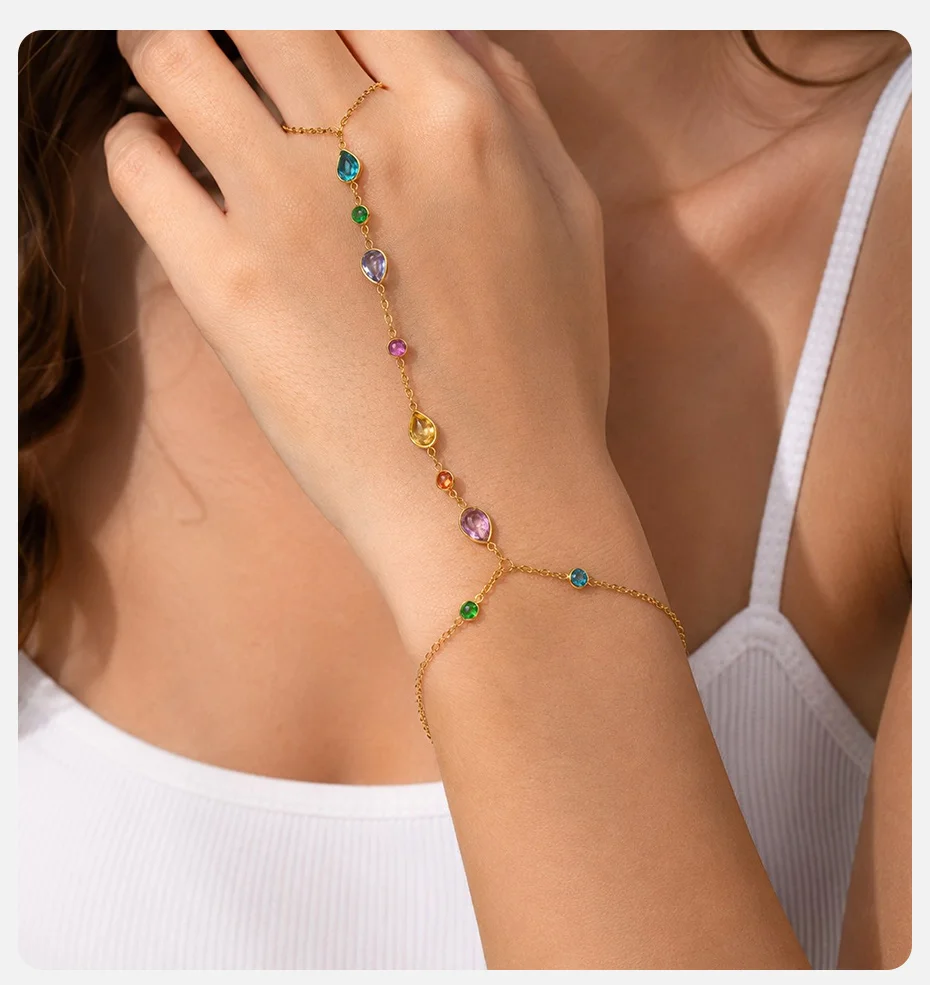 Vnox Luxuriöser Tropfenförmiger Bunter Zirkonia Fingerring Kettenarmband für Frauen Trendiges Vergoldetes Stapelbares Alltagsarmband Schmuck – Detail 2