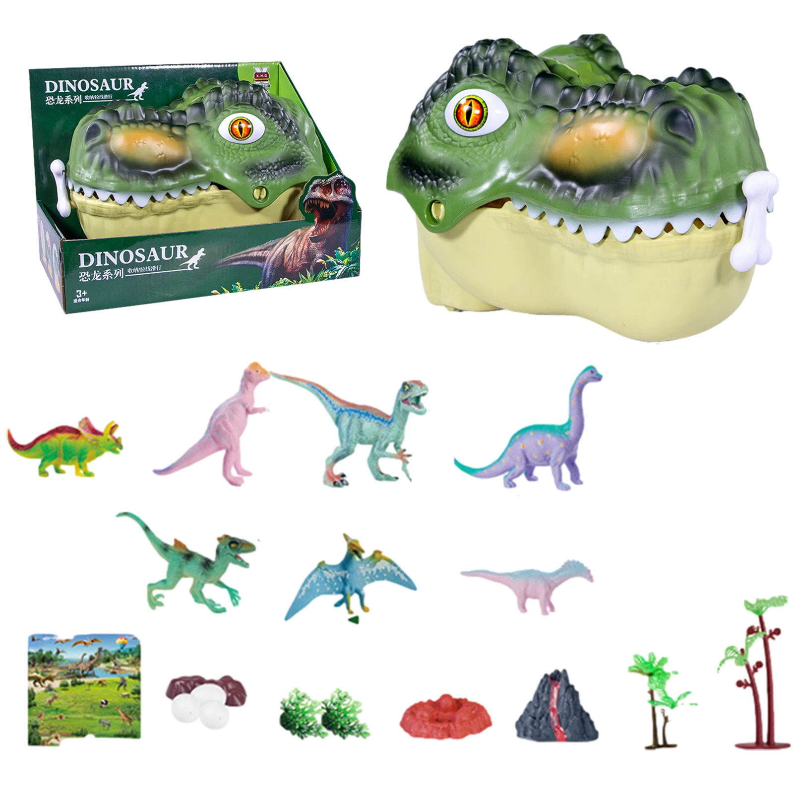 

Dinosaur Toys Durable Dinosaur Figure with Activity Playmat&Trees and Volcano Model Realistic Dinosaur Head Storage Box for Kids