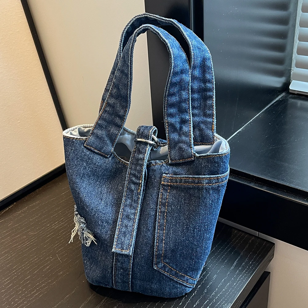 damska torba typu Bucket Vintage Denim Street Handbag Solid Color Handle Handbag Casual Shoulder Bag for Date Party Shopping for Women