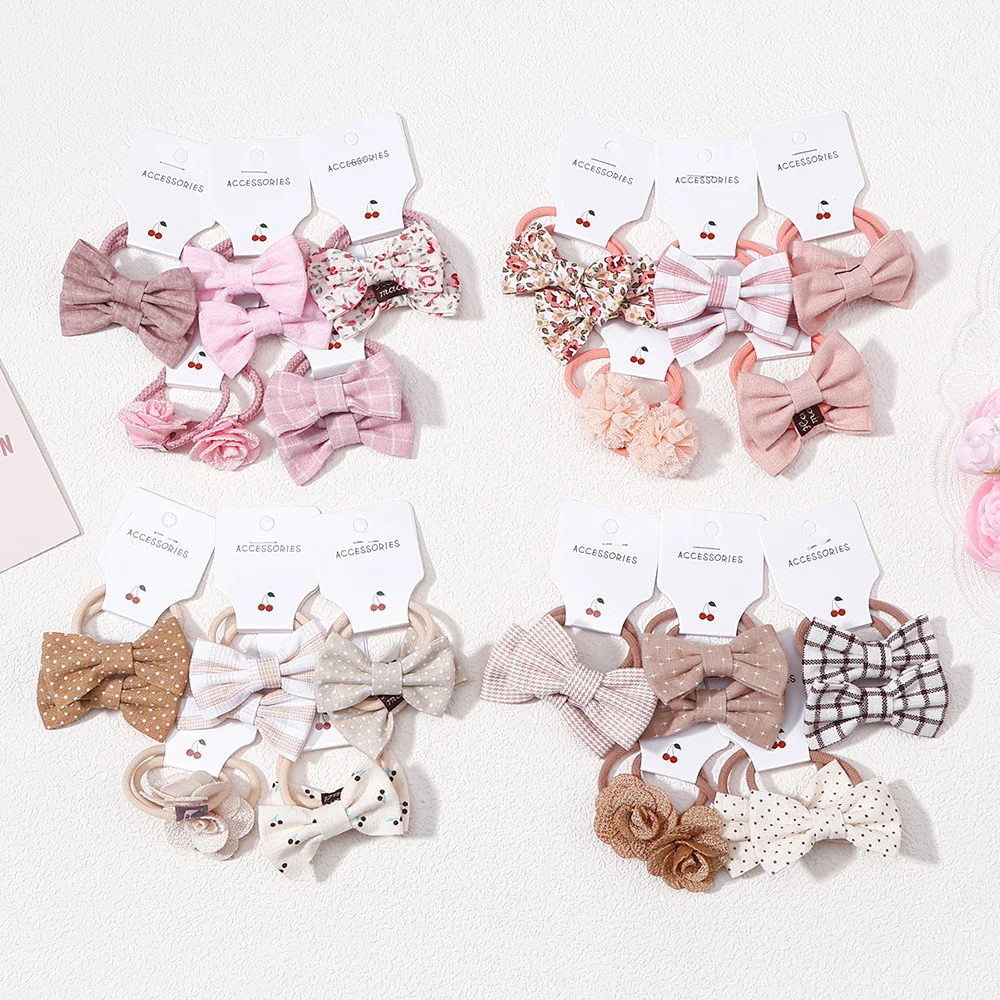 10Pcs Bow Plaid Rubber Band Hair - Fashion New Children's Bow Hair Accessories Clip Gift - Solid Color Hair Clip Rubber Band