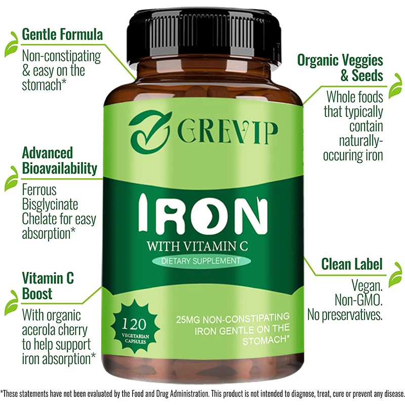 Vegan Iron Supplement with Vitamin C - Increases Energy and Reduces Fatigue, Relieves Anemia