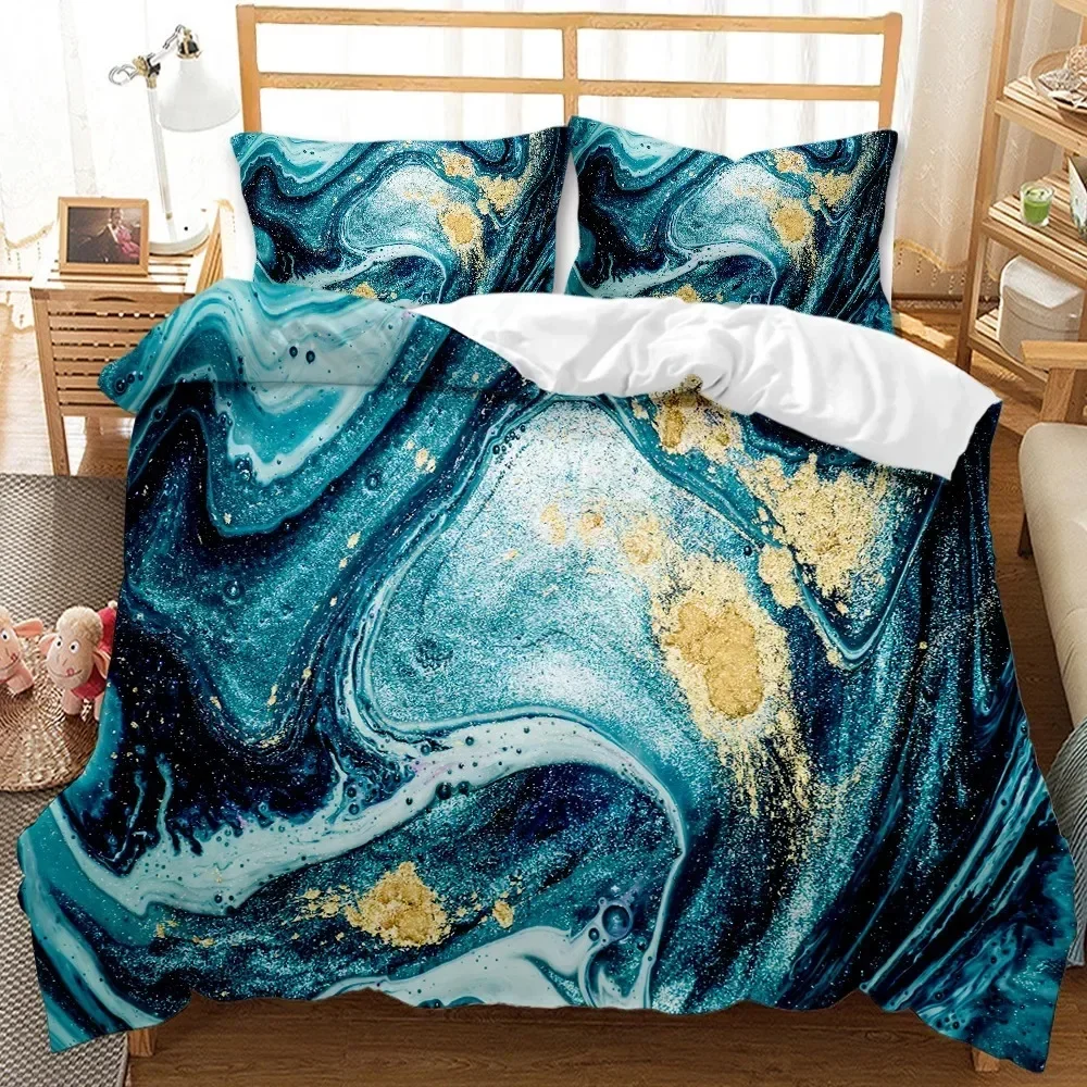 Marble Duvet Cover Set,Unusual Gemstone Onyx Rock Nature Marble Texture Flowing Gold Soft Polyester Quilt Cover Queen King Size