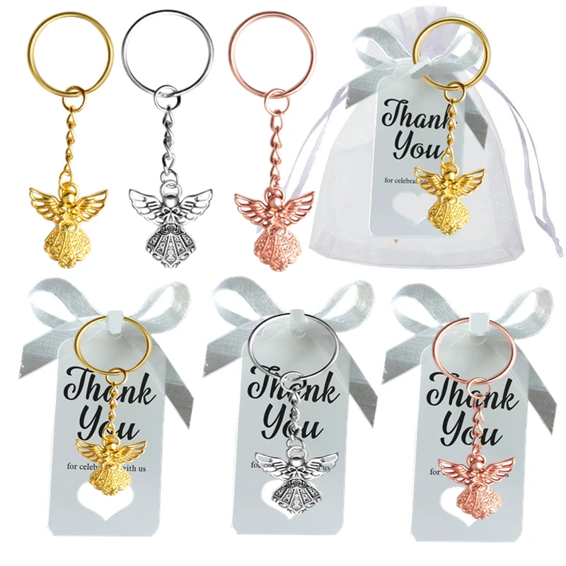 

Angel Keychains Set with Organza Bags and Thank You Tags Baby Shower Favors Zinc Alloy Angel Keyrings Pendant Guest