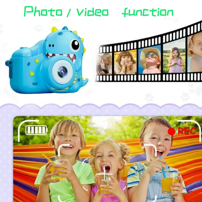 Crianças câmera digital brinquedo dos desenhos animados dinossauro unicórnio hd câmera dupla registro vlog vida vídeo diversão câmera brinquedos presente de aniversário