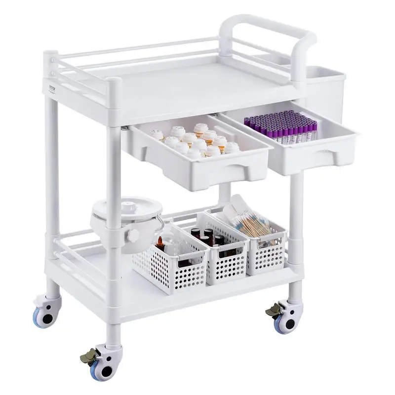Chariot de laboratoire à 2 niveaux, 2 étagères, 2 tiroirs et 4 roues silencieuses, chariot médical mobile en matériau PP, chariot de laboratoire avec 3 poubelles pour laboratoire, clinique, hôpital, salon, blanc