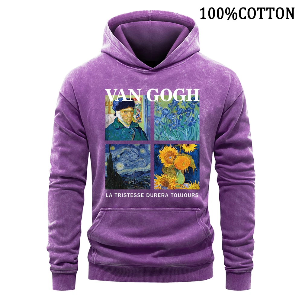 Van Gogh Self Portraits And Starry Night Men's Hoodies Retro Washed Hoodie Cotton Hoody Comfortable Sweatershirt Streetwear Tops