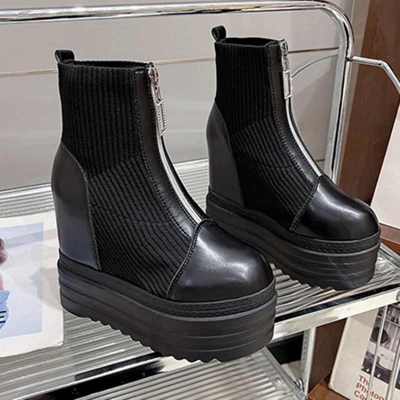 Women's High Heels Wedges Ankle Boots Waterproof Platform Thick-soled Autumn Fashion Knit Stitching Height Inside Ladies Booties - view 6