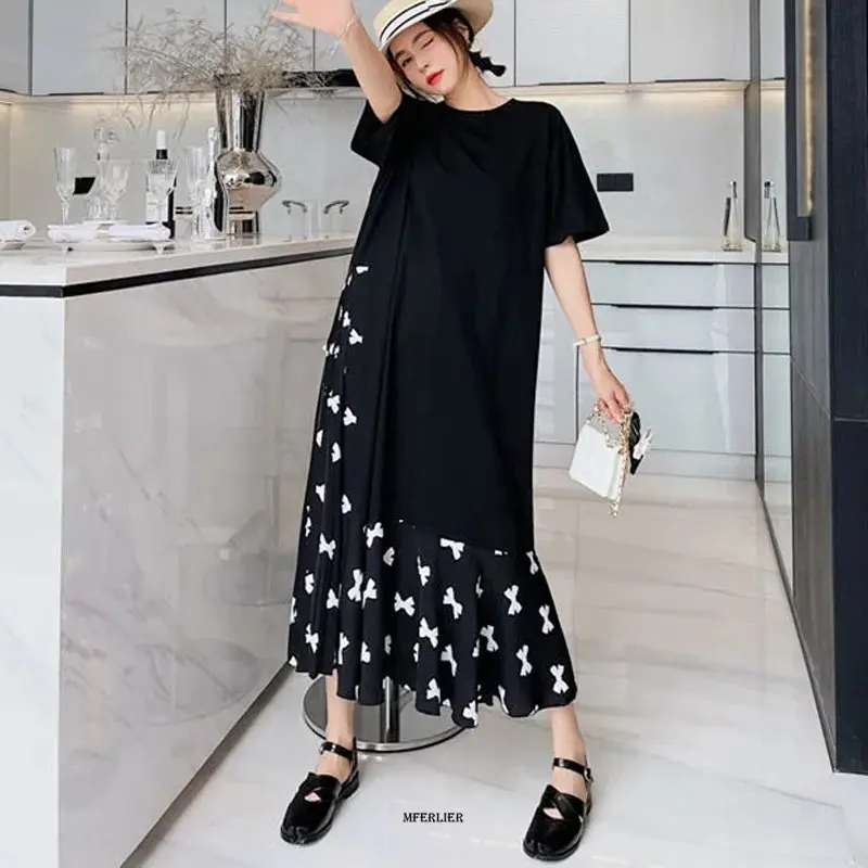 

Large Size 6XL 150kg Summer Long Dress O Neck Short Sleeve Floral woman clothes Loose Waist Long Dress Black Femme Maxi Vestidos