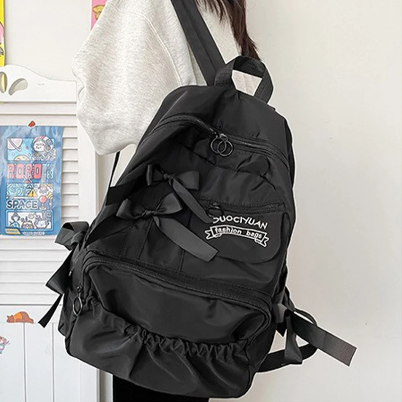 Back to School Backpack Cute Bow Nylon Letter Embroidery School Bag Large Capacity with Dual Zippers Adjustable Straps Backpack