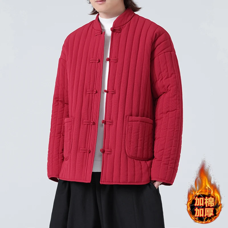 Parkas Mens Winter Solid Color Standing Collar Coats Warm Men Jacket Chinese Style Loose Harajuku Plush Couple Windproof Outwear