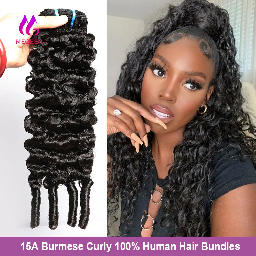 Megeen Burmese Curly Weave Hair Extensions Virgin Hair Bundles with Spriral Ends 15A Unprocessed Human Hair 1/3/4Pcs Deep Wave