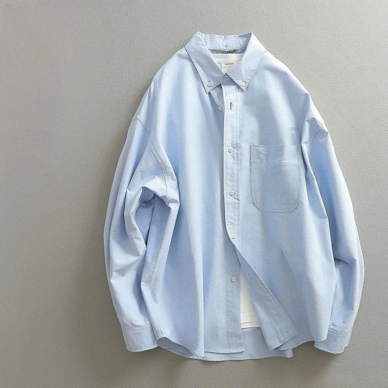 Spring Season Men's Long Sleeve Oxford Cloth Shirt Retro Patchwork Minimalist Workwear Washed Cotton Wide Leg Fashionable Cas...