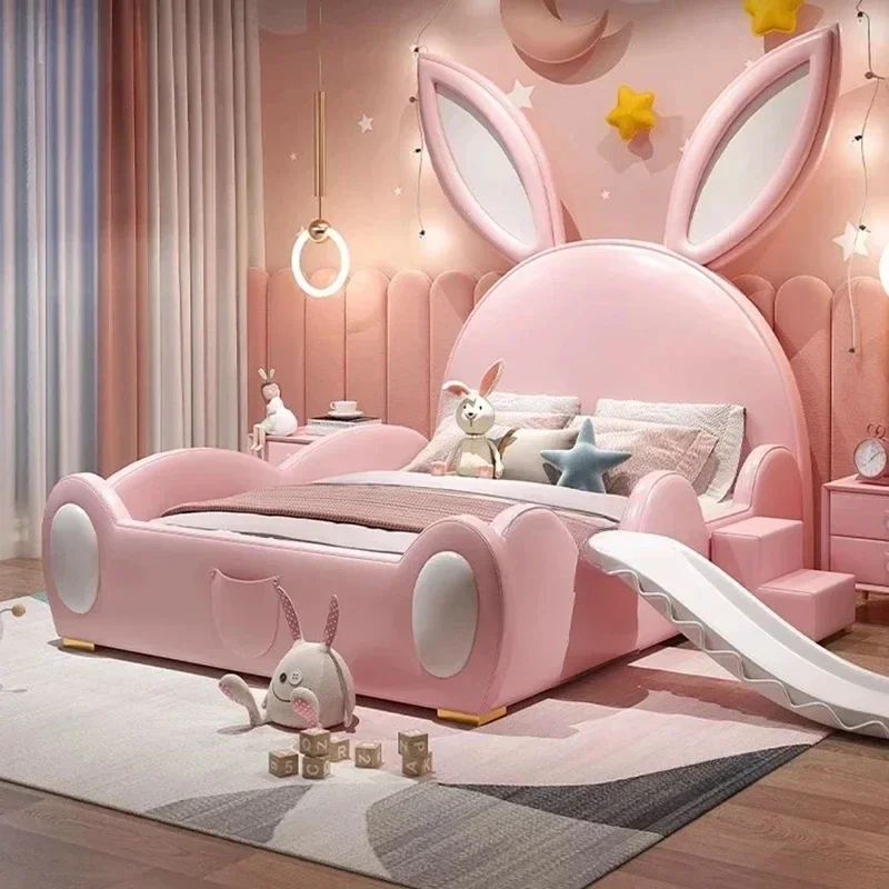 Luxury Pink Solid Wood Children Beds European Rabbit Princess Bed Girl with Guardrail Kids Bed Bedroom Slide Bed Home Furniture