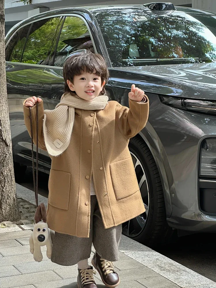 Girls Wool Khaki Coat 2024 Autumn Winter Casual All-in-one Woolen Coat Boys and Girls Children Fashion Woolen Coat Clothes