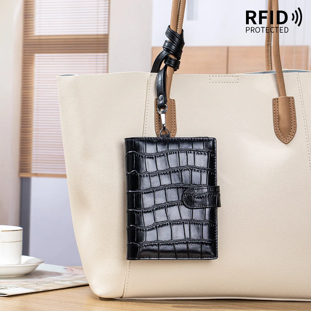 Alirattan 2026 New Cowhide Crocodile Pattern Passport Bag Travel Ticket Clip Leather Multifunctional Large Capacity Wallet