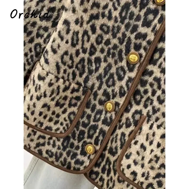 2024 Winter Female Vintage Single Breasted O-Neck Loose Jacket For Women Office Lady Fashion Luxury Leopard Print Short Coat image 6