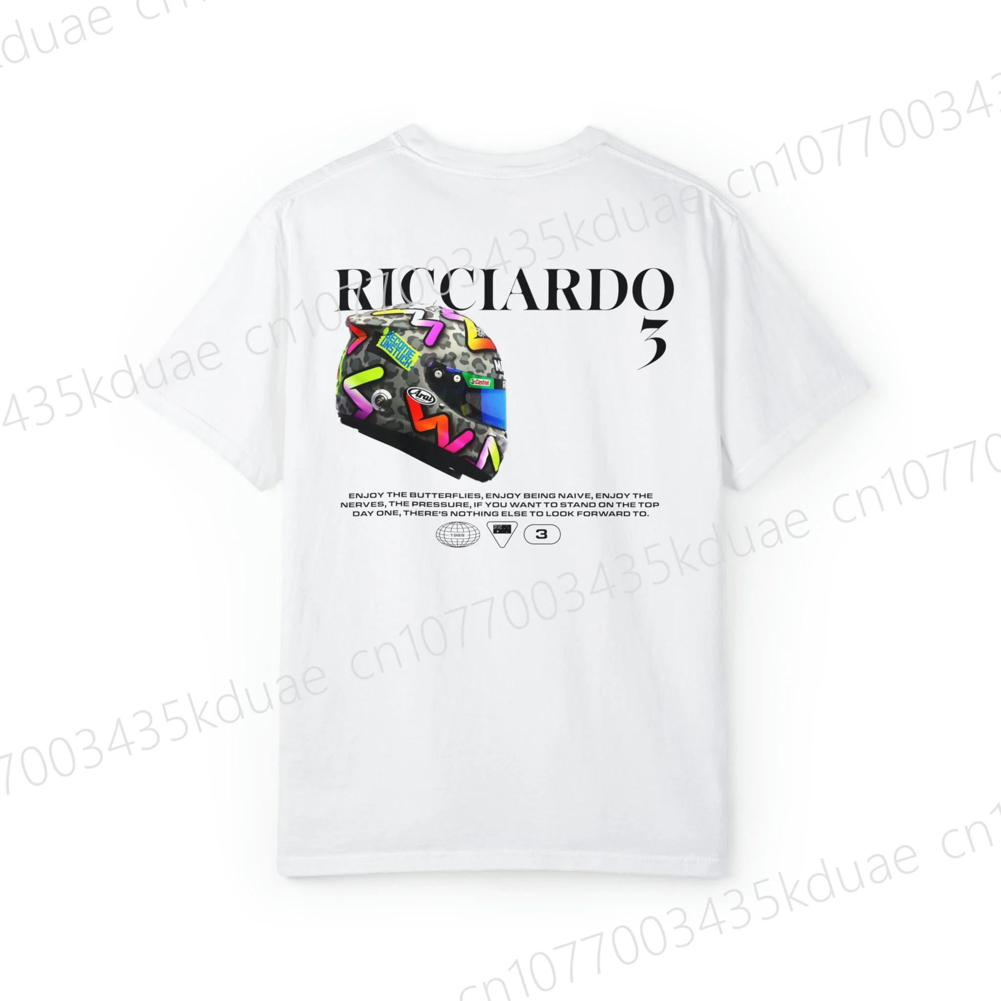 Daniel Ricciardo Capacete 5 Camiseta gráfica para homens Austrália Racing Driver Fãs Presentes Esportes Tops de algodão Tee F1 Roupas de corrida