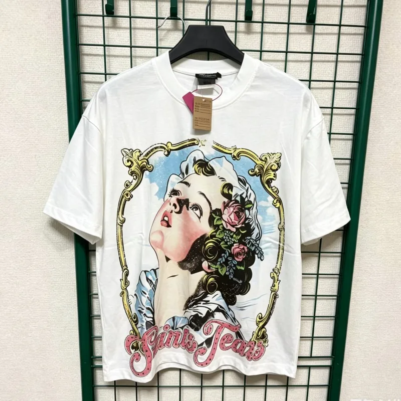 Digital Print Saint Tshirts Y2K Vintage Graffiti Faded Worn Cross Hotfix Rhinestone Letter Rose Girl Men Women Short Sleeves Tee