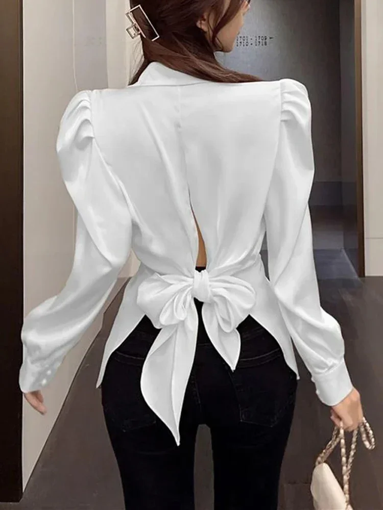 Camicia da donna coreana versatile con risvolto scavato Top elegante camicia casual da ufficio con maniche morbide e fiocco sul retro da donna